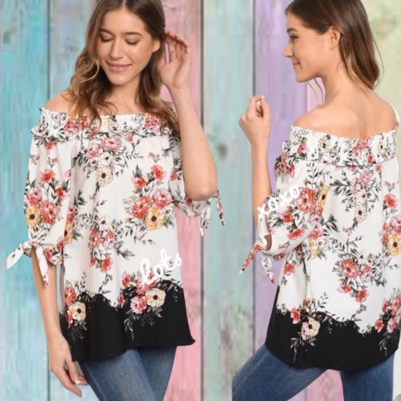 Vine & Love Tops - Vine & Love White Black Floral Off The Shoulders Tie Sleeve Top NWOT